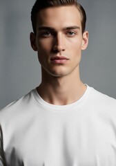 Obraz premium Front view studio portrait of a young man wearing a plain white t-shirt looking forward on a neutral grey background.