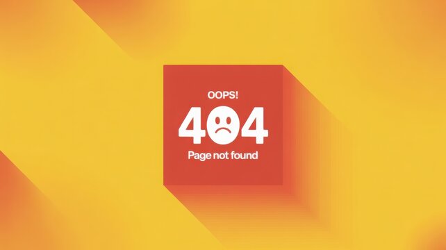 404 Page not found error message with a sad face icon on a red block with diagonal orange and yellow background