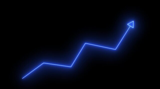Neon blue financial growth arrow chart rising on black background, for business analytics