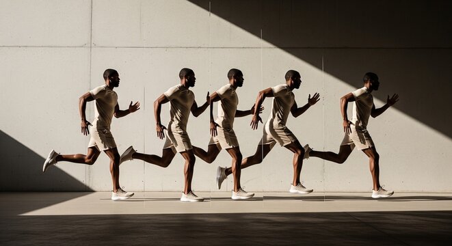 A multiple exposure sequence showing a male athlete running across the frame against a minimalist concrete wall with dramatic shadows.