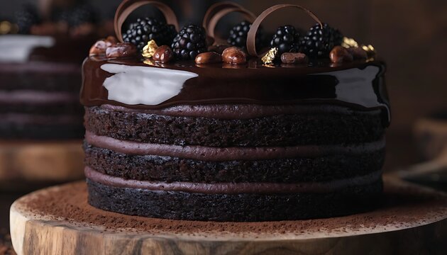 Premium editorial food photography of a four-layer 6-inch black cocoa and blackcurrant espresso cake enveloped in a mirror-smooth espresso ganache, displayed on a rustic smoked walnut serving board. 