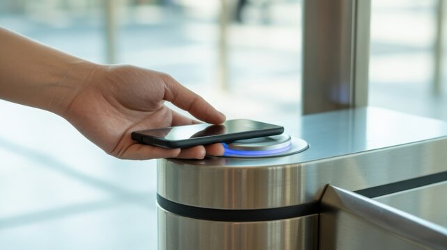 Hand holding a smartphone over a contactless payment reader at a turnstile, indicating modern entry system.