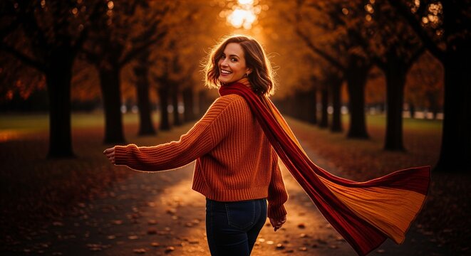 Happy smiling woman walking in a golden autumn park at sunset