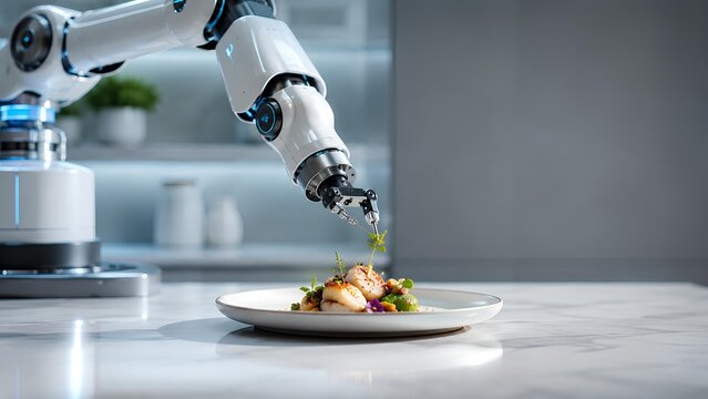 未来のキッチンで活躍する調理ロボット / Cooking robot active in a futuristic kitchen (Generative AI)