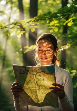 Young woman looking at a paper map in a green sunny forest