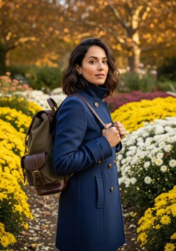 A young woman in a classic navy blue coat and a canvas backpack standing on a path surrounded by bright yellow and white flower beds in a park.