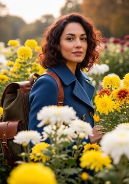 Portrait of a beautiful woman with curly hair wearing a blue coat and a backpack, standing in a colorful field of yellow and white chrysanthemum flowers