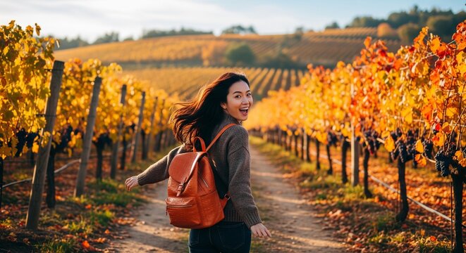 Happy Asian woman with a brown leather backpack running and looking back with a smile in a beautiful autumn vineyard with yellow and orange leaves