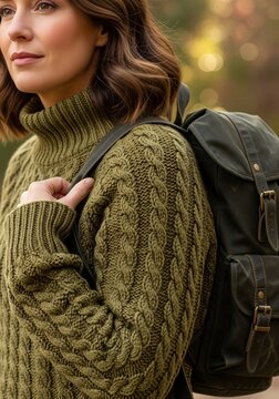 Close-up profile view of a young woman with brown hair, wearing a cozy green cable-knit sweater and carrying a dark green vintage backpack outdoors