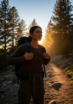 A woman hiker with a backpack walking on a dirt trail in a pine forest during a beautiful sunset