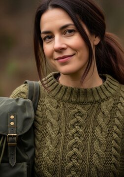 A close up portrait of a smiling woman wearing a green knitted sweater and holding a backpack strap