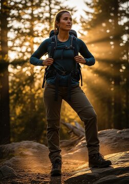 A confident woman hiker with a backpack standing in a sunny pine forest with sun rays shining through the trees.
