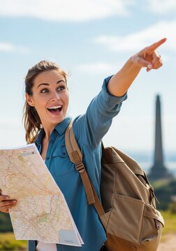 A happy and excited woman tourist holding a paper map and pointing her finger forward outdoors.