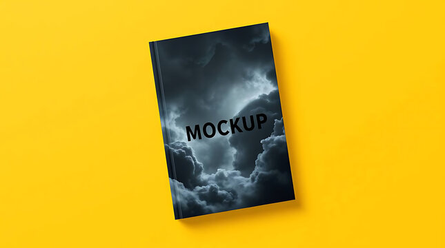 Hardcover book mockup with stormy cloud design on vibrant yellow background