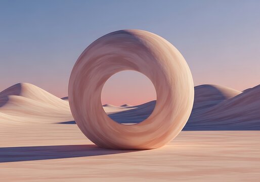 Surreal abstract geometric torus shape resting on a sandy desert landscape at twilight with soft pink and blue sky