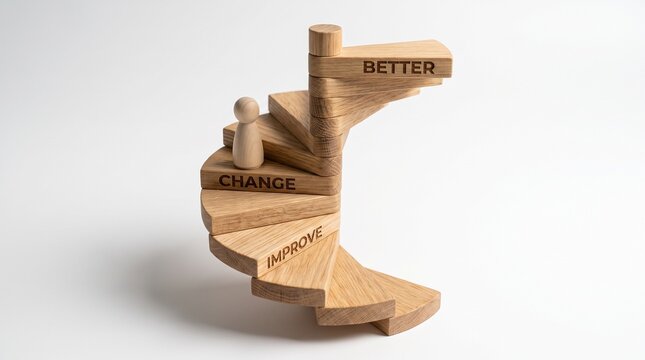 Wooden peg doll climbing a spiral staircase of blocks with words change, improve, and better, representing the Kaizen philosophy of continuous improvement concept