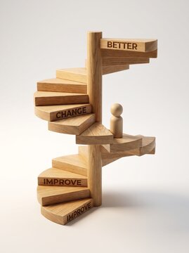 Wooden spiral staircase model with a peg figure and words representing the Kaizen philosophy of continuous improvement concept