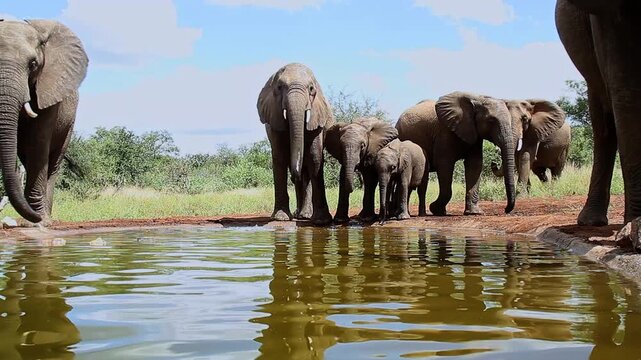 Small group of African bush elephant with calf drinking in waterhole in Greater Kruger National park, South Africa ; Specie Loxodonta africana family of Elephantidae