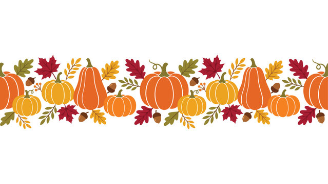 Autumn pumpkin border with fall leaves. Seasonal harvest pattern with orange gourds.