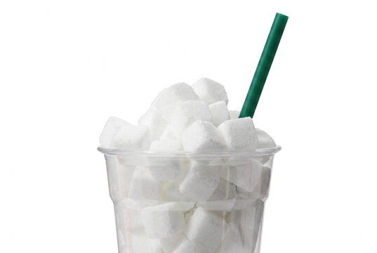 Clear plastic cup filled with white sugar cubes and a green straw