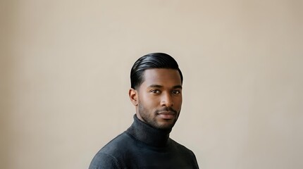 Fototapeta premium African American male professional in dark turtleneck against neutral beige background, suitable for corporate portraits, business profiles, and professional headshots.