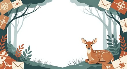 Fototapeta premium Deer resting in forest clearing surrounded by autumn leaves, pine trees, and hanging gift boxes with snowflakes. Isolated woodland scene for holiday designs.