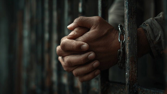 Hands of a person in chains clasped together near jail bars, showing a moment of reflection inside a prison environment
