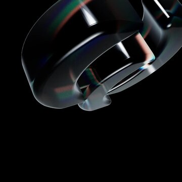 3d render of a glossy black chanel logo with iridescent light reflections, abstract luxury fashion symbol isolated against a dark background, highquality digital art design element