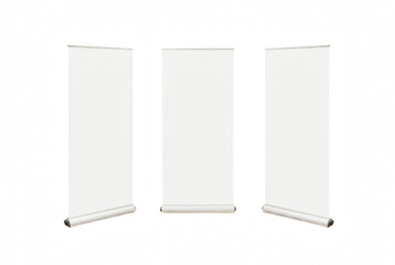 Trio of white vertical roll up banner stands for exhibition © Ara