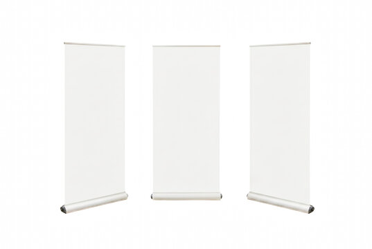 Trio of white vertical roll up banner stands for exhibition