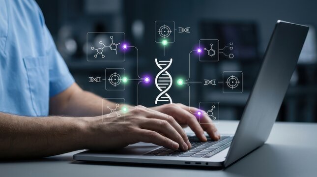 Healthcare professional typing on laptop with DNA helix and molecular data icons representing genetic engineering Wallpaper Background image