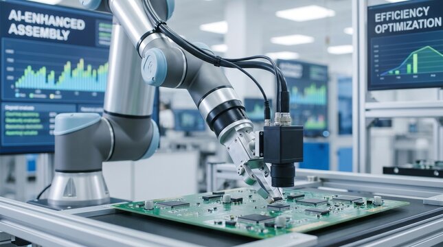Advanced robotics and AI automation in electronics manufacturing, smart factory assembly line concept with computer vision and industrial IoT technology