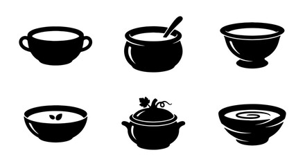 Fototapeta premium Black and white soup bowl vector icons, minimalist food dish illustrations, kitchenware graphic elements