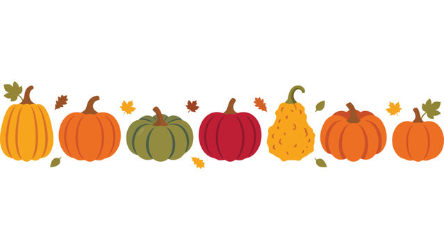 Autumn pumpkin border with fall leaves. Seasonal harvest vegetables for Thanksgiving design.