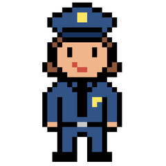 Fototapeta premium Cute female police officer character in blue uniform pixel art game asset.