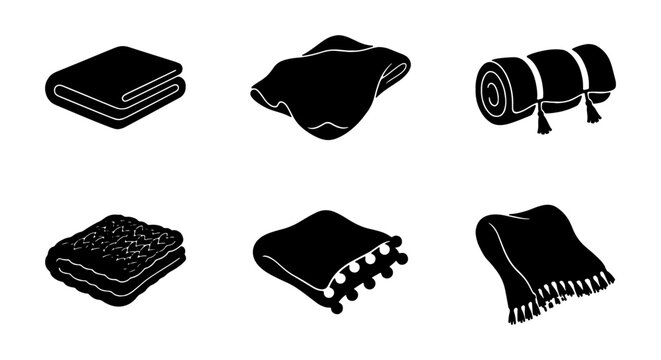Cozy Blanket Vector Icons, Black Silhouette Throws, Folded and Rolled Textiles for Home Decor
