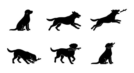 Fototapeta premium Labrador Dog Silhouettes, Playful Poses, Fetching Stick, Vector Set
