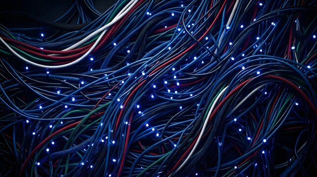 Abstract network connection with glowing blue lights and colorful cables