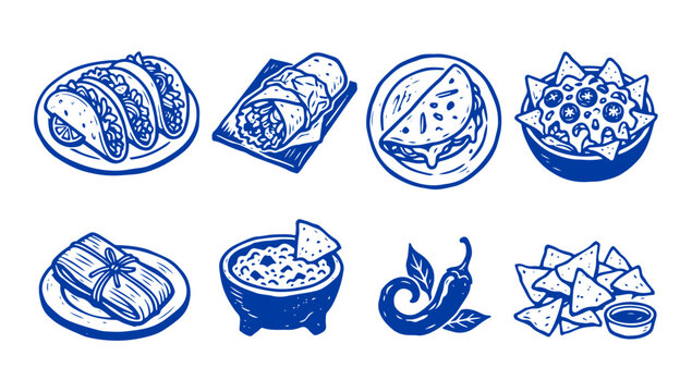 Traditional Mexican Food and Snacks Vector Illustration Set &ndash; Tacos, Burrito, Quesadilla, Nachos with Dip, Chili Pepper