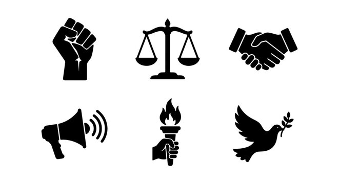 Justice, Equality, Peace Icons: Fist, Scales, Handshake, Megaphone, Torch, Dove