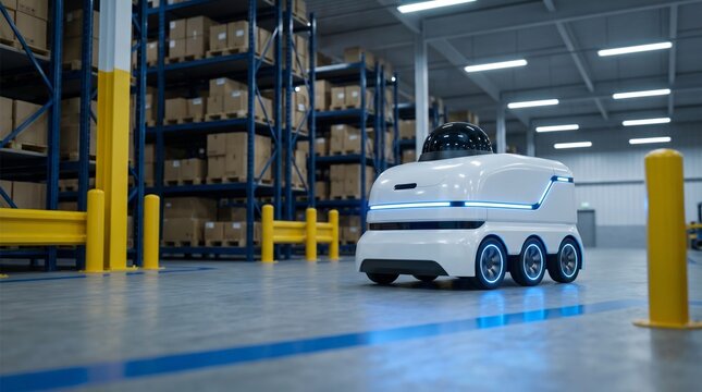 Autonomous warehouse robot transporting cargo through modern storage facility, smart logistics automation concept featuring AI navigation and workflow efficiency