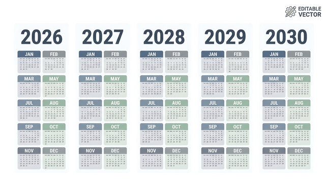 A Comprehensive Five Year Calendar Grid Featuring Years 2026 - 2030