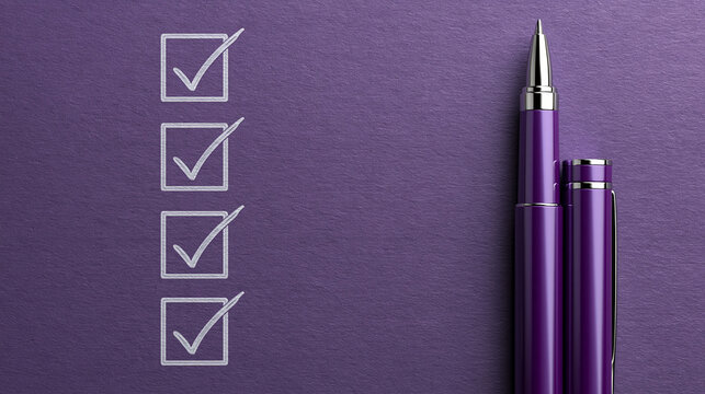 A purple pen rests next to a checklist with four marked boxes. A professional conceptual image for goal setting or.