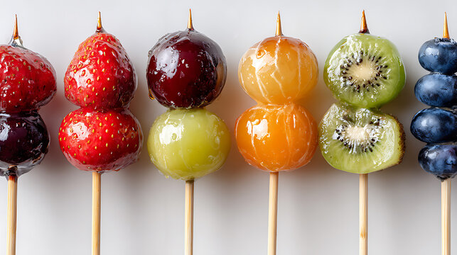 Colorful fresh fruit skewers coated in glossy glaze arranged in a vibrant row, creating a playful healthy snack concept with natural ingredients, wellness lifestyle, and balanced nutrition