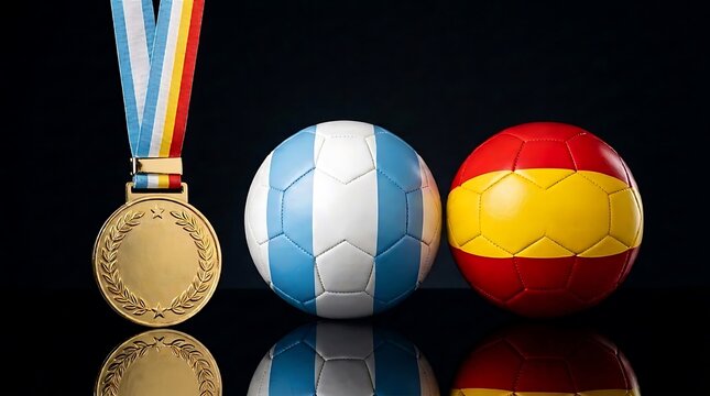 Bronze medal with soccer balls of argentina and spain flags