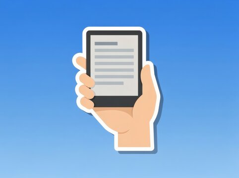 Hand holds an electronic reader device to showcase mobile accessibility for modern digital media.