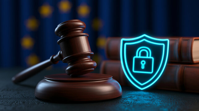 A wooden gavel rests next to a glowing padlock icon on a desk. This illustrates European data privacy and legal.