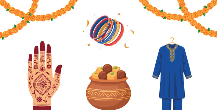 Traditional Indian Eid and Diwali Festival Celebration Vector Set Featuring Marigold Garland Henna Hand Bangles Sweets Clay Pot and Kurta Sherwani Dress