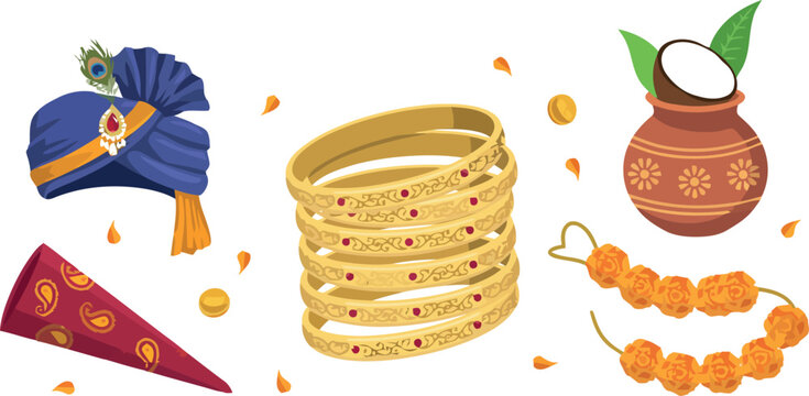 Traditional Indian Wedding and Festival Vector Graphic Set Featuring Groom Pagri Turban Gold Bangles Jewelry Kalash Mangal Ghat and Marigold Garland