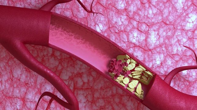 4K 3D medical animation of cholesterol plaque narrowing a human artery with flowing blood cells, illustrating cardiovascular disease and atherosclerosis.
